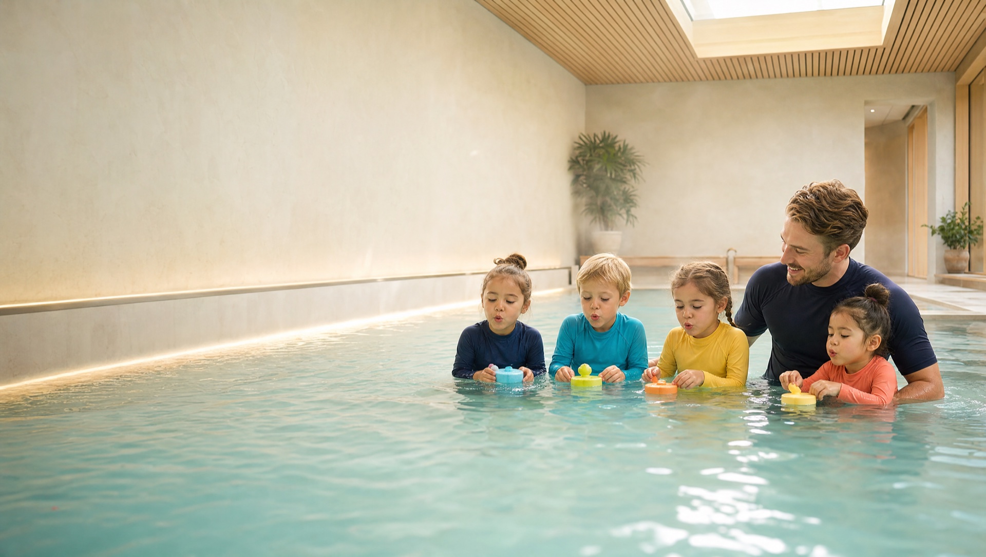 Vier Kinder üben mit einem Schwimmtrainer entspanntes Ausatmen im flachen Wasser